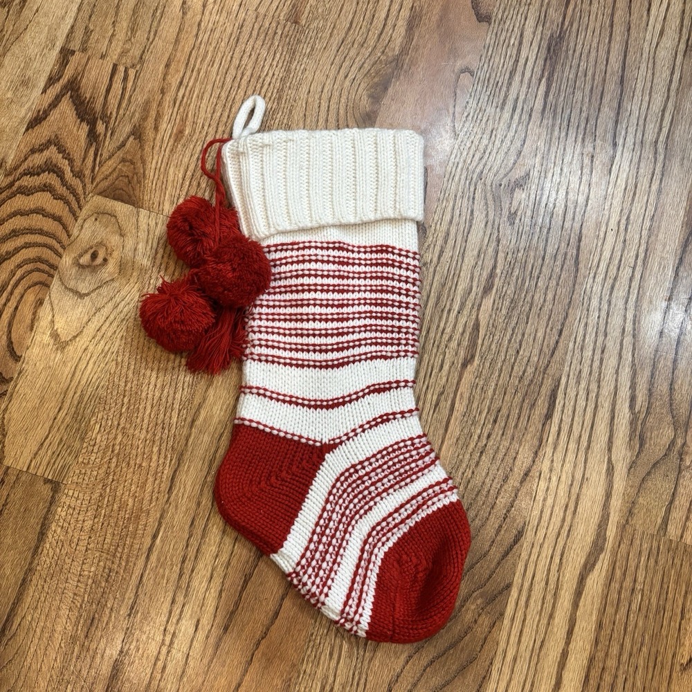 Hearth & Hand Magnolia 20" Knit Christmas Stocking Red White Pom Poms Tassel